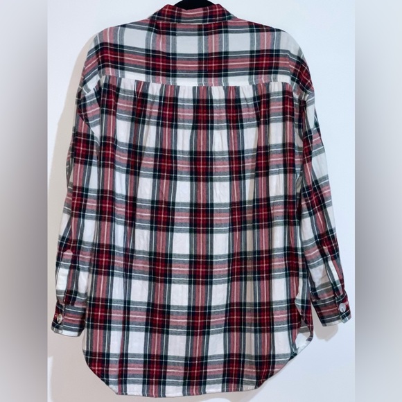 River Island Red White Green Check Plaid Oversized Pleated Flannel Shirt Sz M - Picture 2 of 9